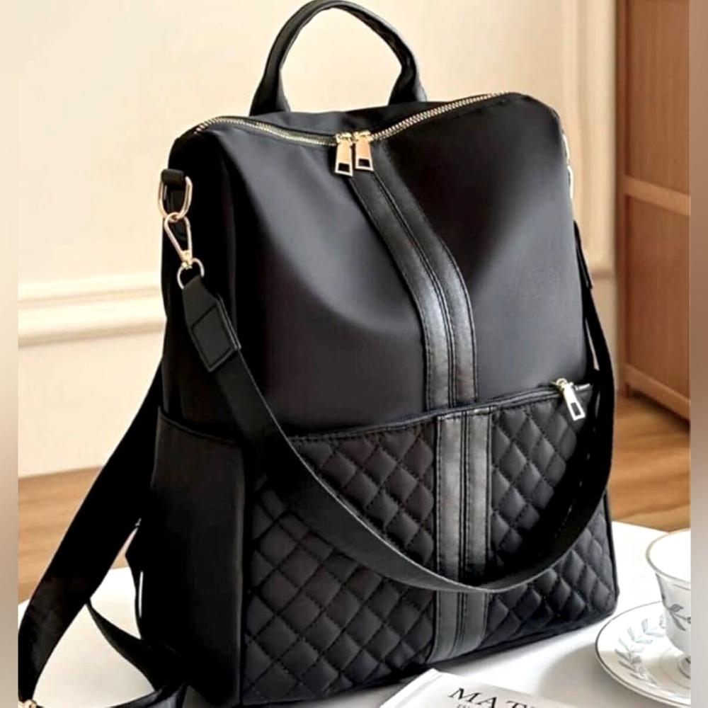 Large Capacity Women's Waterproof Quilted Backpack, Lightweight, Black